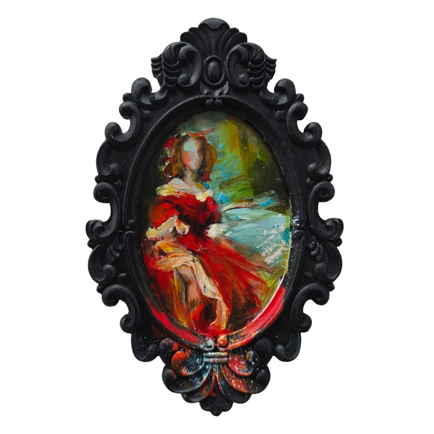 Decorative black frame with a colorful painting of a woman in a red dress on a white background