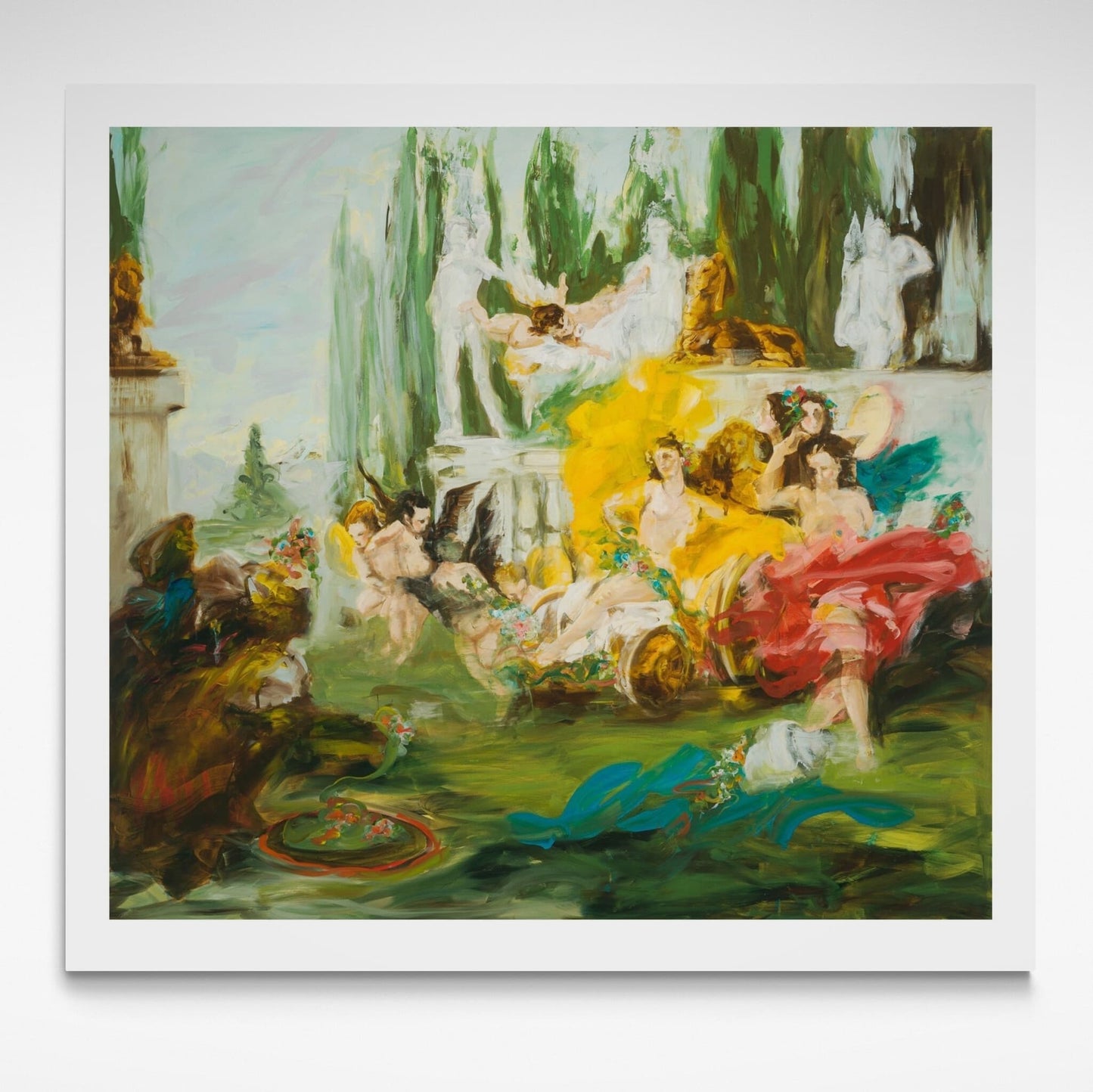 Colourful print of an original painting of a mythological scene with figures and nature elements