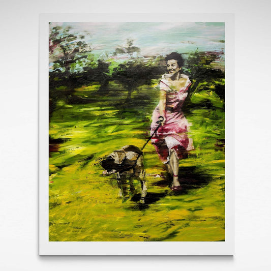Print of an original painting of a woman in a pink dress walking a dog in a park.