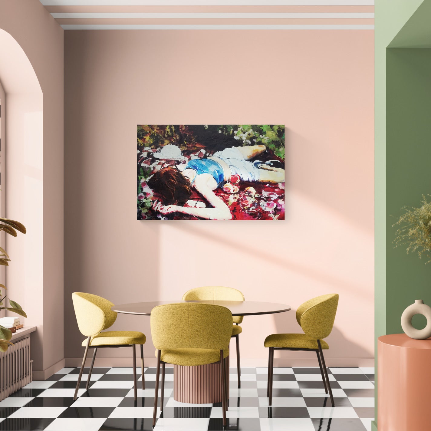 Framed and hanging painting, Ophelia by Justine Turnbull, depicting a woman lying among green foliage and red flowers.