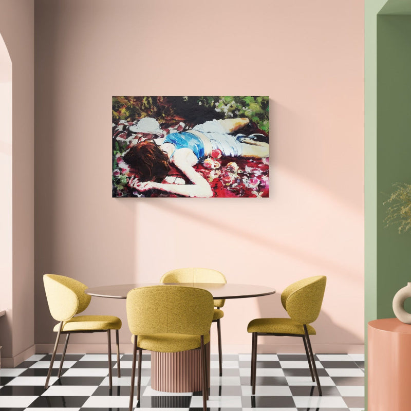 Framed and hanging painting, Ophelia by Justine Turnbull, depicting a woman lying among green foliage and red flowers.