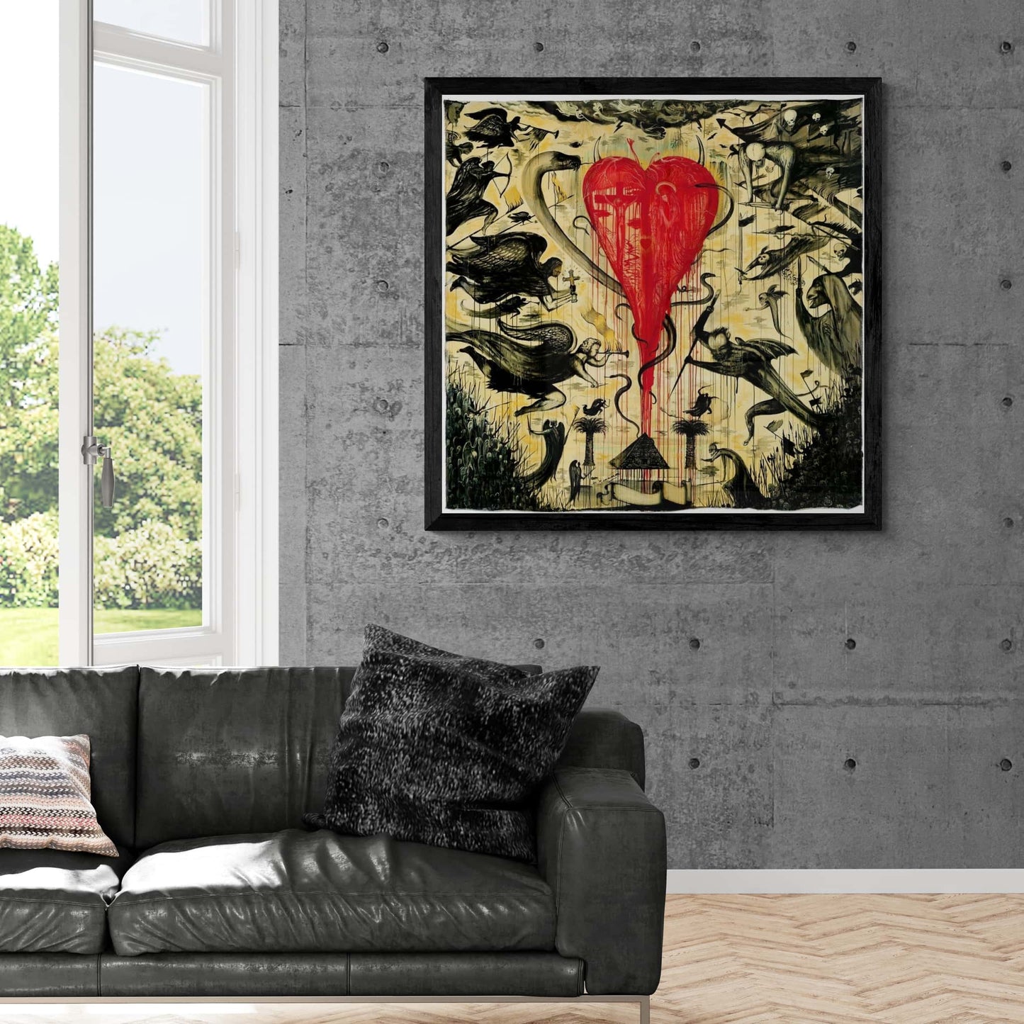 Bill Hammond print with red heart depicting good and evil hanging on wall