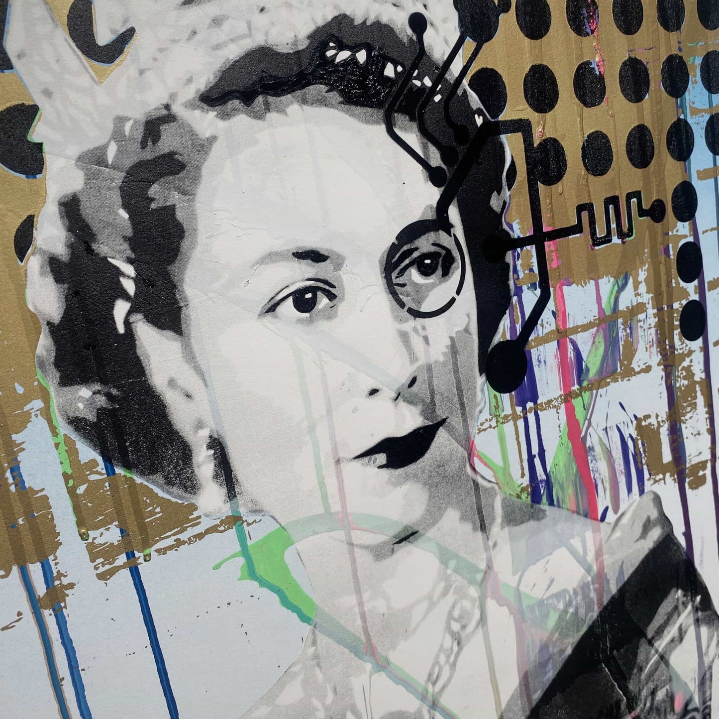 Closeup of contemporary screenprint of Queen Elizabeth