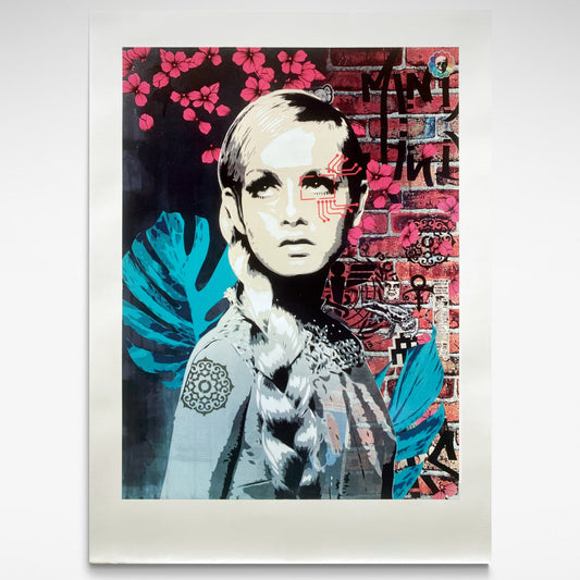 Urban art-style screenprint portrait of Twiggy by Brad Novak.  It has 2 x UV gloss embellishment layers.