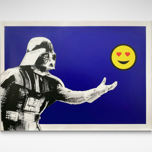 Screenprint by Brad Novak featuring Darth Vader reaching out to an emoji symbolising digital communication.