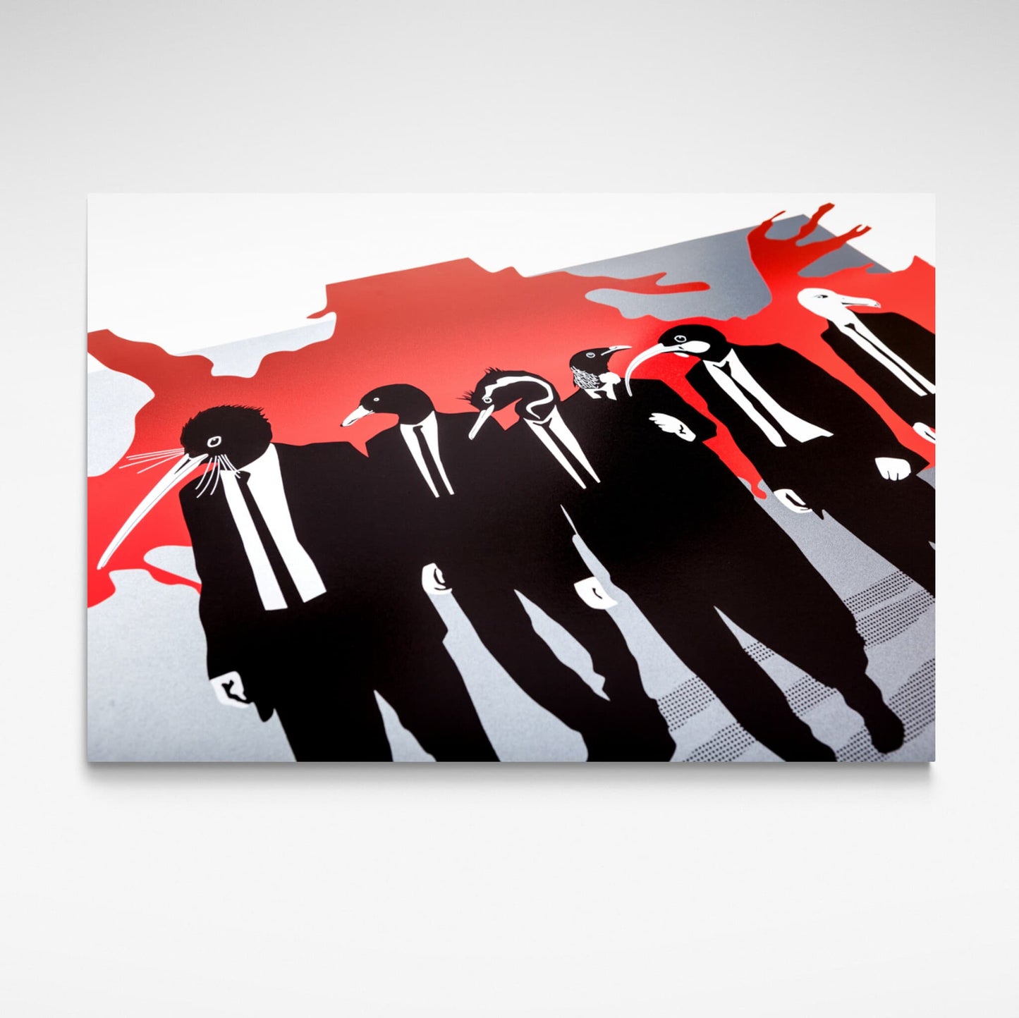 Detail of a 6-layer limited edition screen-print titled "Reservoir Birds 1.2" by Brad Novak, featuring vibrant red, black and gray. Birds in suits!