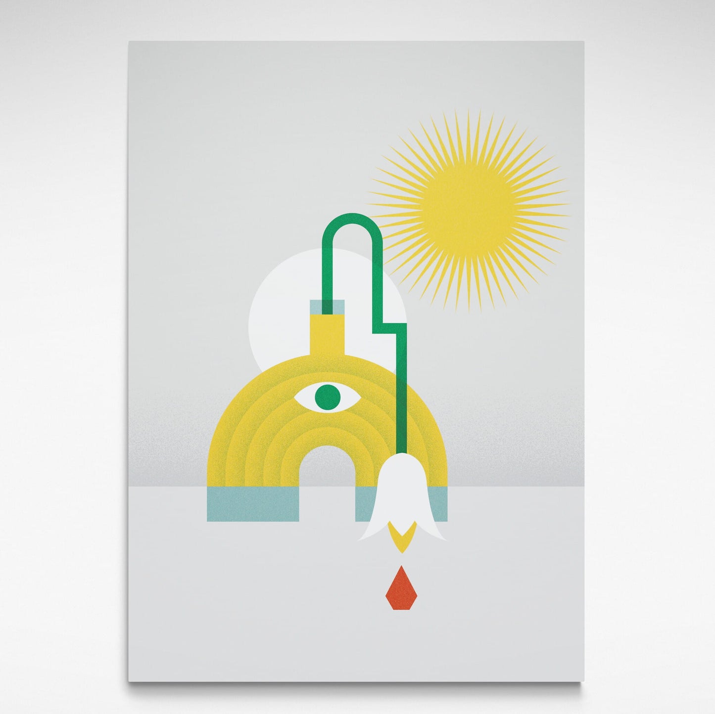 Abstract art print with geometric shapes and a sun on a gray background