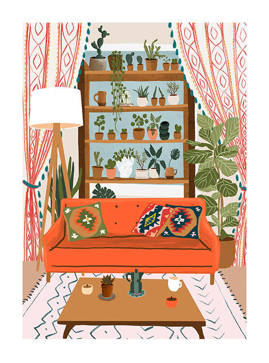Illustration of a cozy living room with an orange sofa, coffee table, and bookshelf filled with plants.