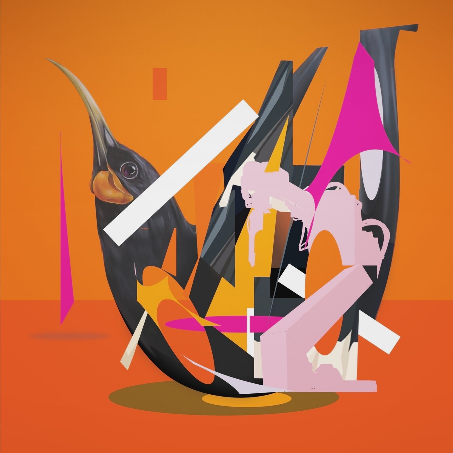 Colourful red, orange & pink abstract print of a Huia on a bright orange back ground.