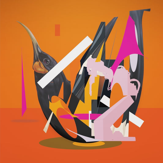 Colourful red, orange & pink abstract print of  a Huia on a bright orange back ground.