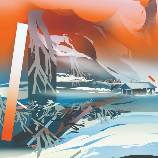 Abstract print of lightning and stormy orange clouds with submerged house in the background.