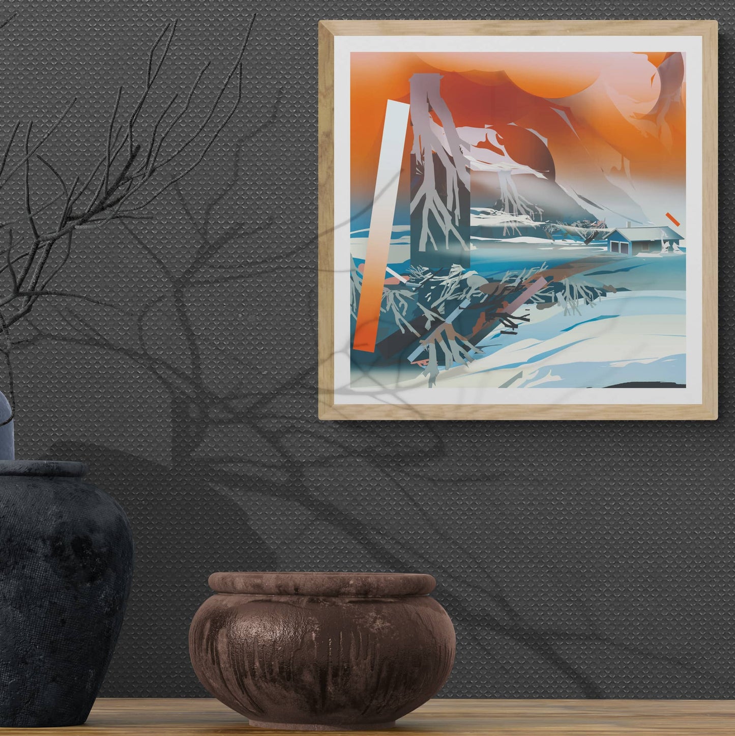 Framed abstract print of lightning and stormy orange clouds with submerged house in the background hanging on the wall.