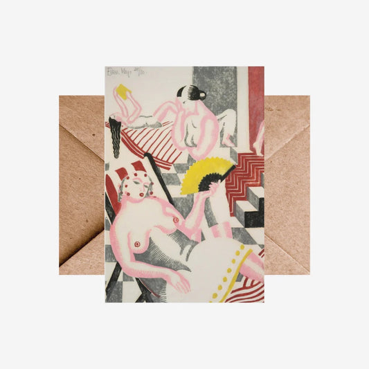 Greeting card with abstract design featuring people and geometric shapes, accompanied by a matching envelope.