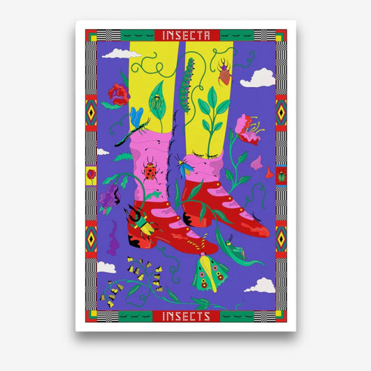 The "Insecta" print is a colourful artwork by Francesca Melis inspired by childhood memories of insects and nature.