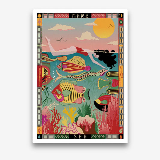 The "Mediterranea" is a print by Francesca Melis, featuring vibrant corals and fish in a serene summer setting.