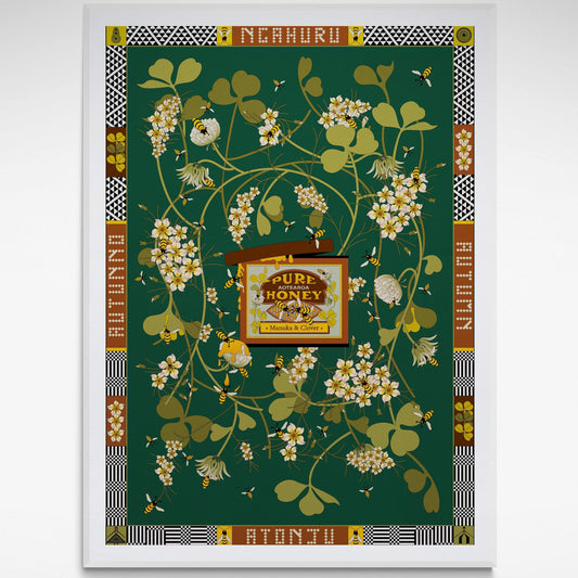 Framed print with honey, bees and flowers