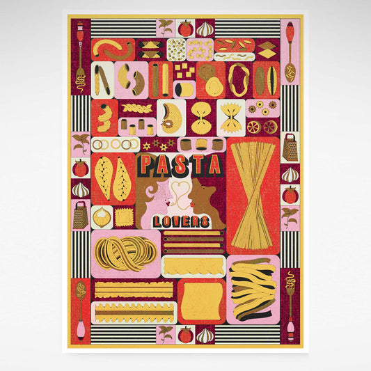 A colourful print depicting all types of pasta