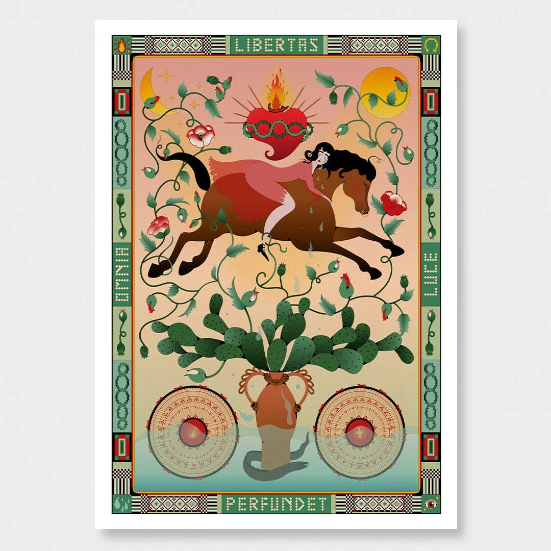 Illustration of woman on horse jumping over cactus in vase