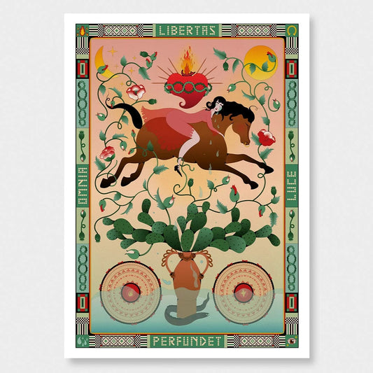 Illustration of woman on horse jumping over cactus in vase
