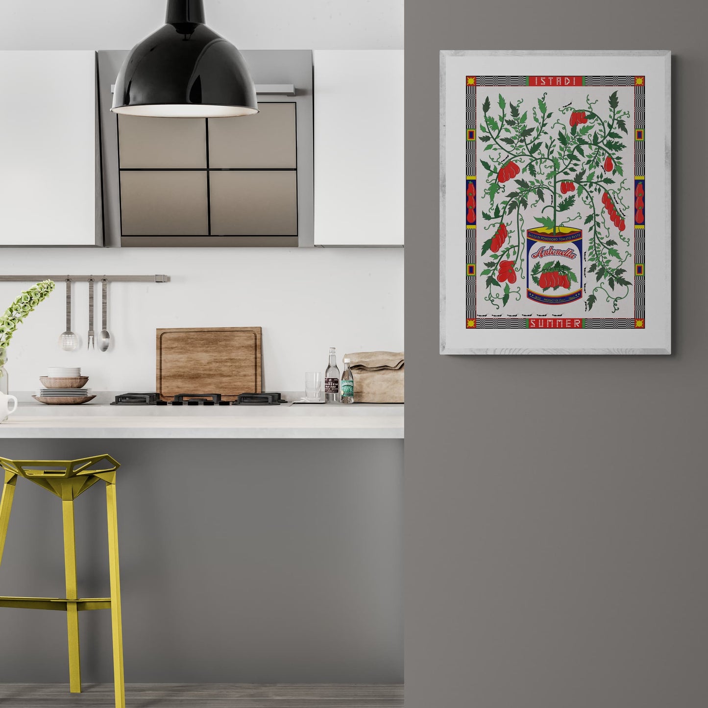 Framed and staged print of a tomato plant growing out of a tin.