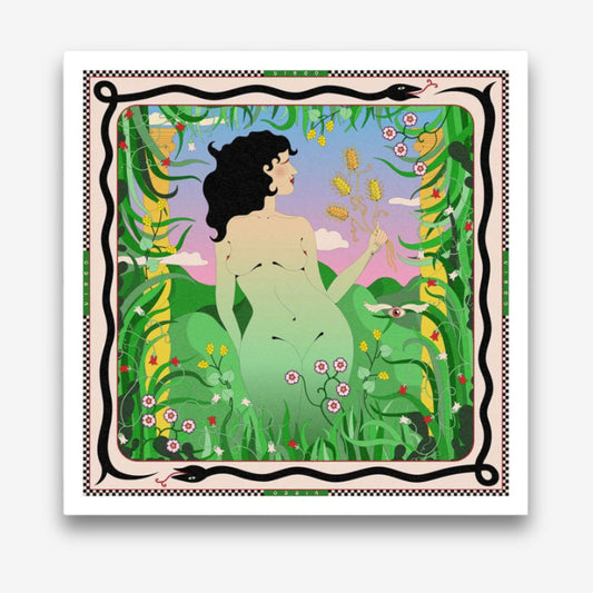 "Virgo" print by Francesca Melis, featuring Virgo as Persephone, daughter of Demeter, the Greek goddess of the harvest, framed by serpents.