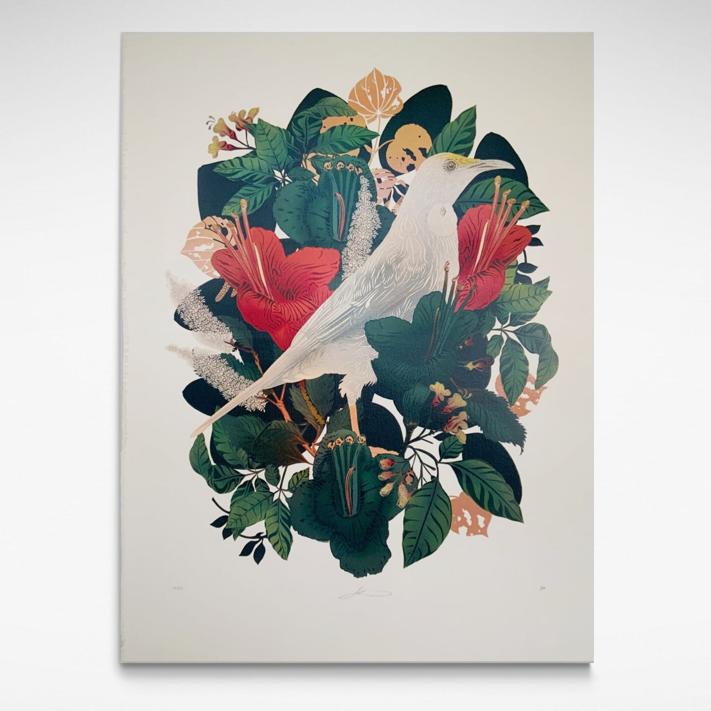 A rare white Tui surrounded by rich red flowers and green foliage