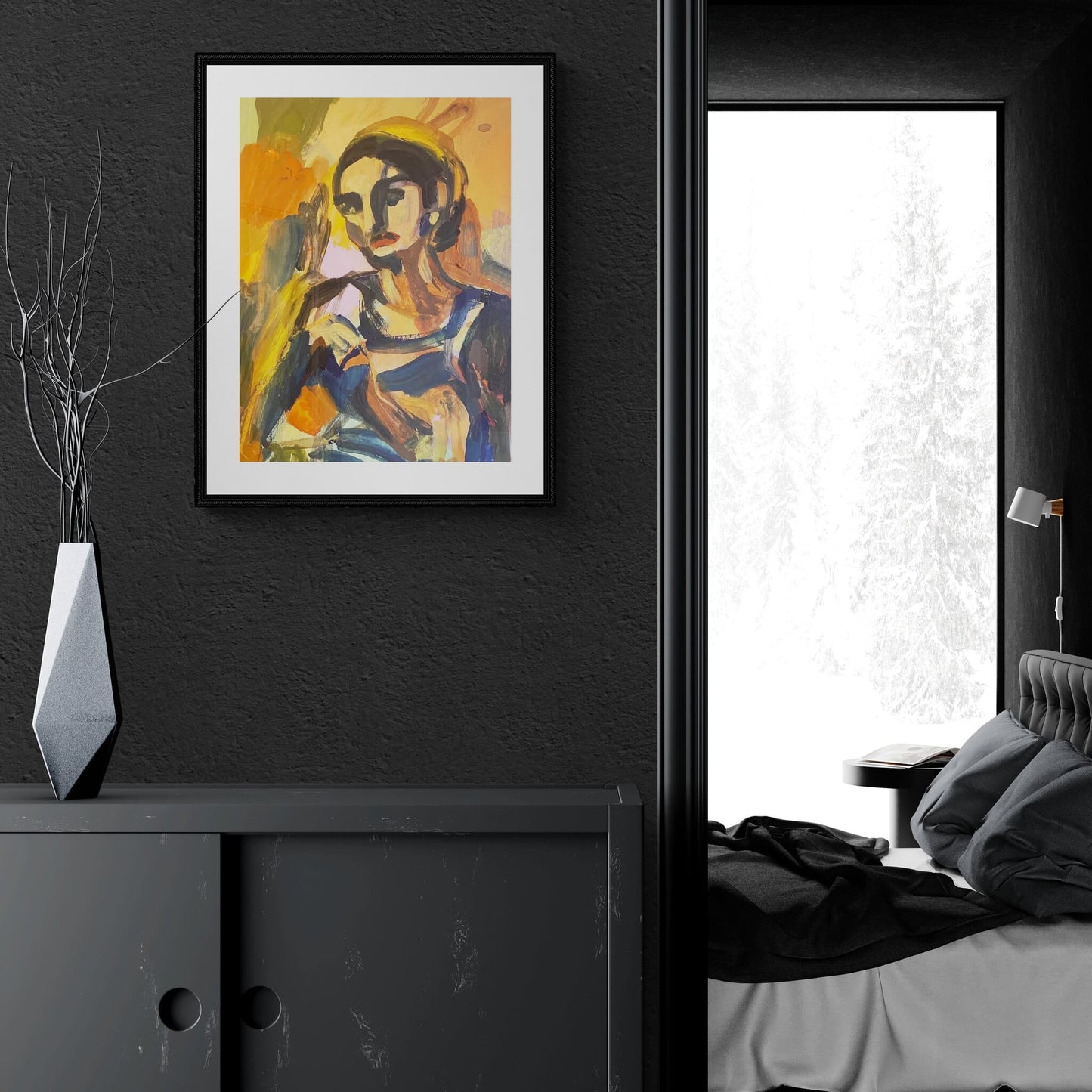 Abstract portrait featuring rich warm colours hanging above sideboard