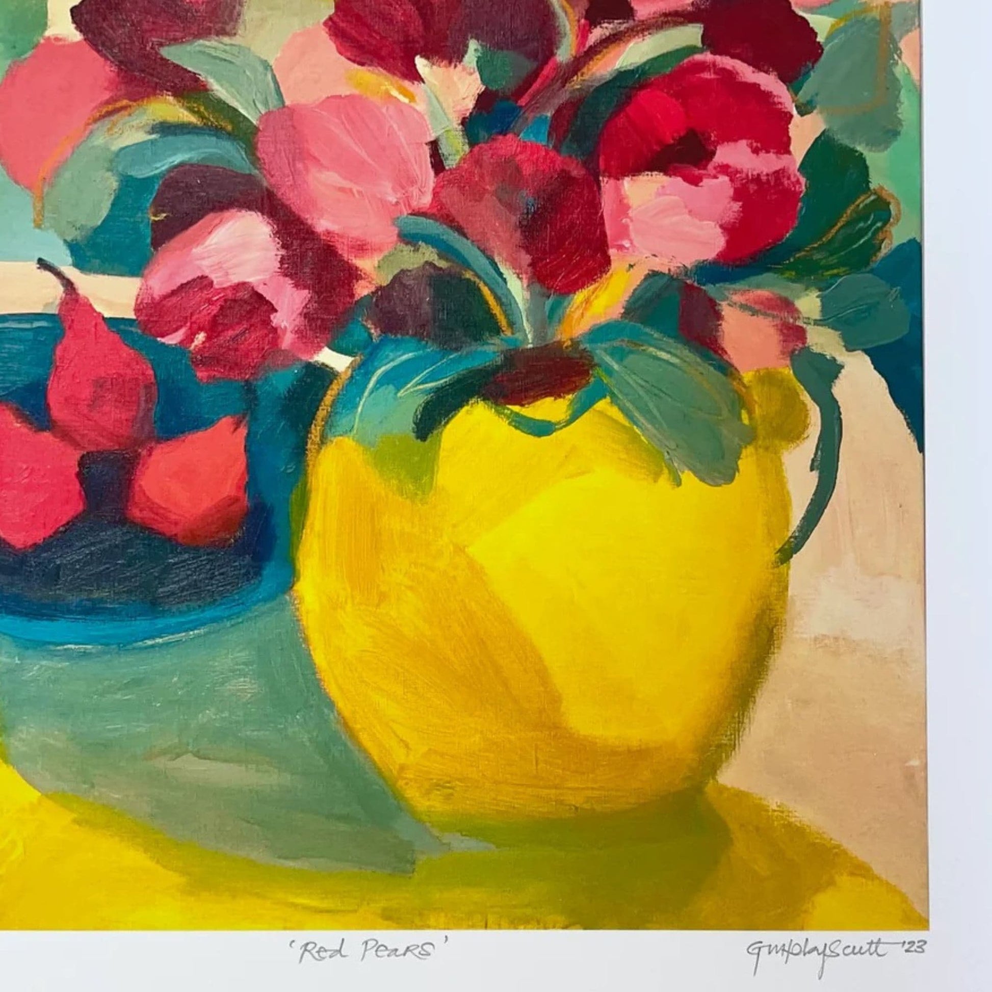 Yellow vase with red flowers and blue bowl with red pears in it.