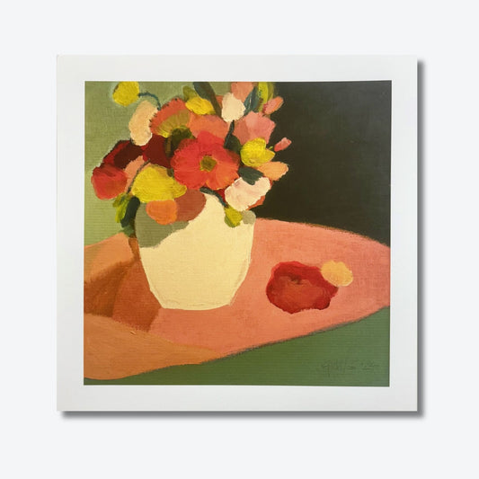 "Spring Floral" limited edition print by Georgina Hoby Scutt, featuring a vibrant bouquet of coral, pink, and cream blooms with soft yellow and green accents.