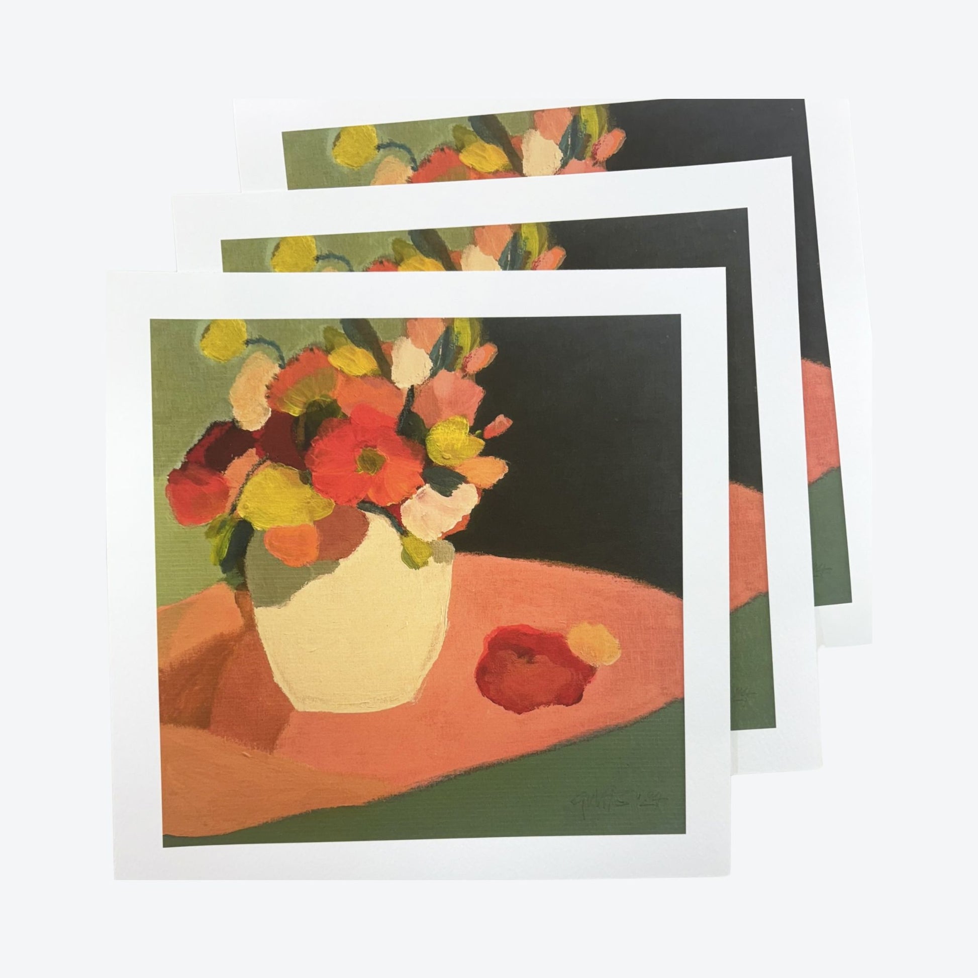 "Spring Floral" print by Georgina Hoby Scutt, featuring a vibrant bouquet of coral, pink, and cream blooms with soft yellow and green accents, full of energy and warmth.