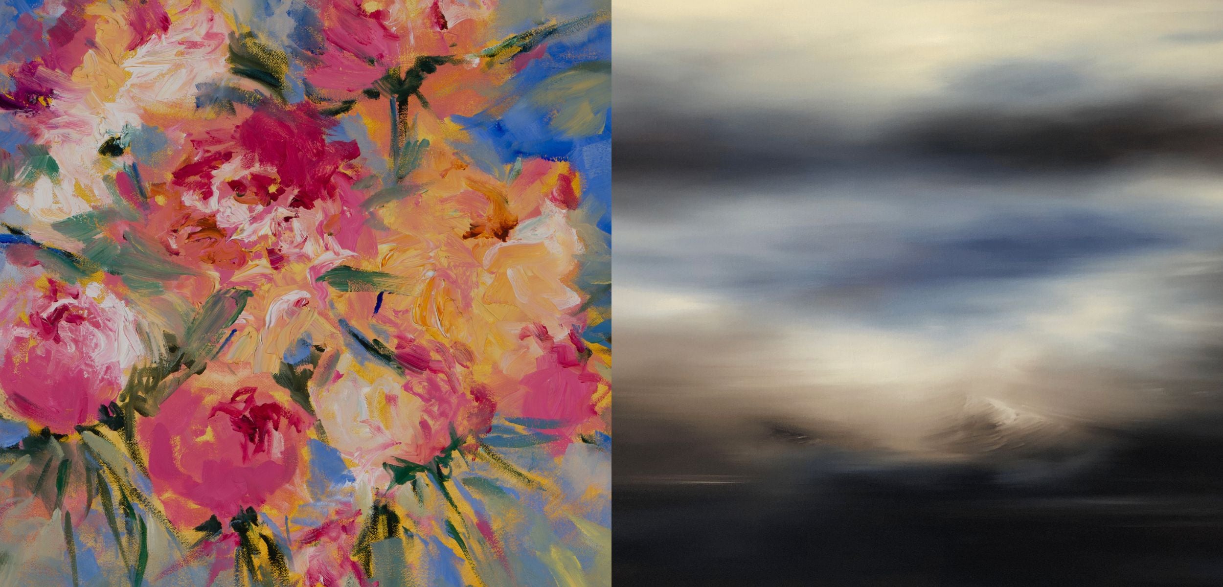 Side-by-side comparison of a colorful floral painting on the left and a blurred natural landscape on the right.