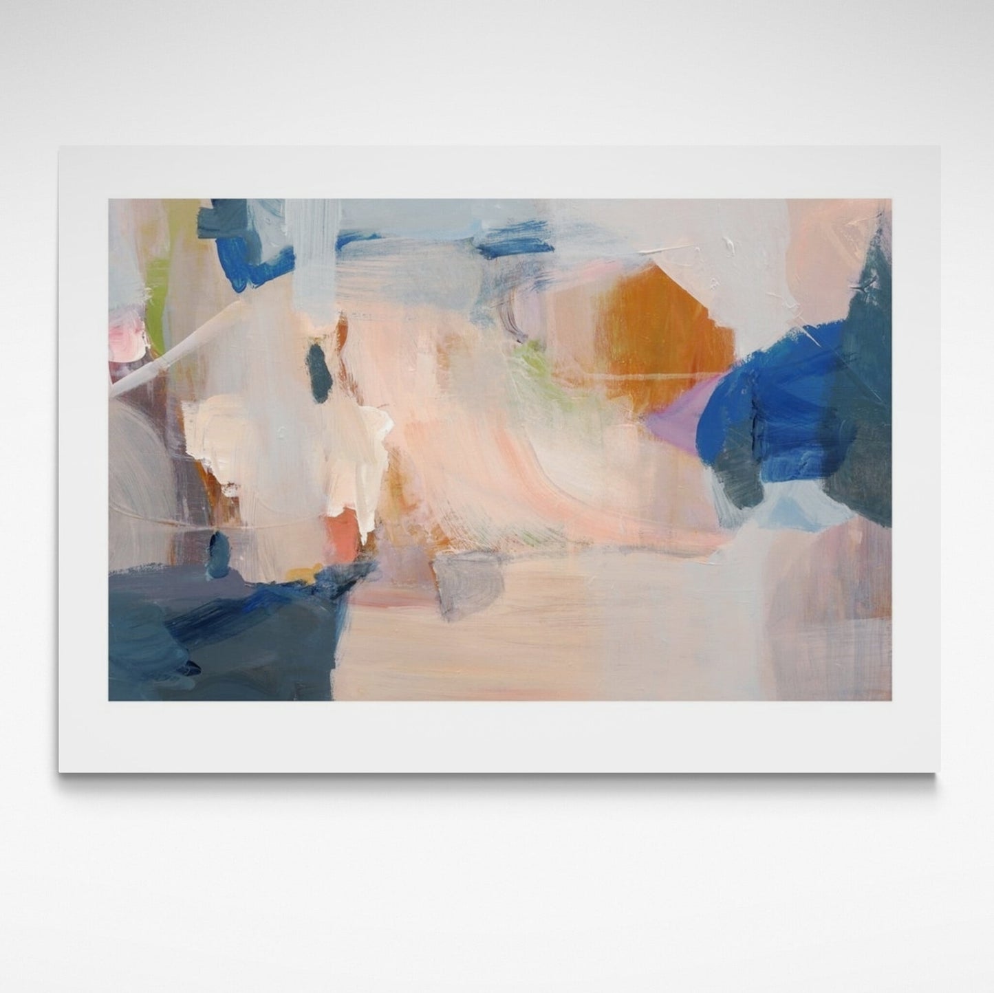 Abstract print in pale pastels and vivid blues