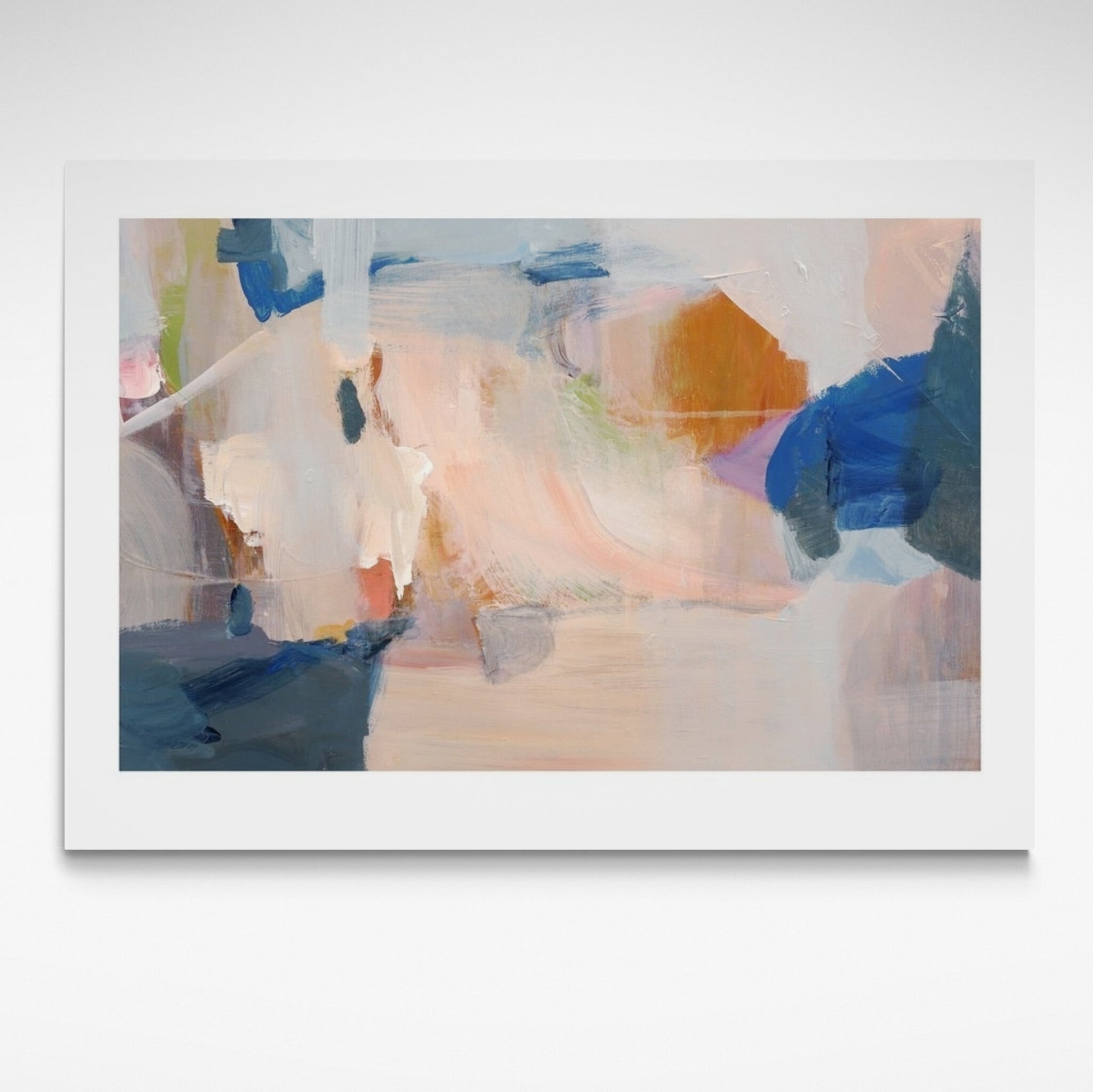 Abstract print in pale pastels and vivid blues