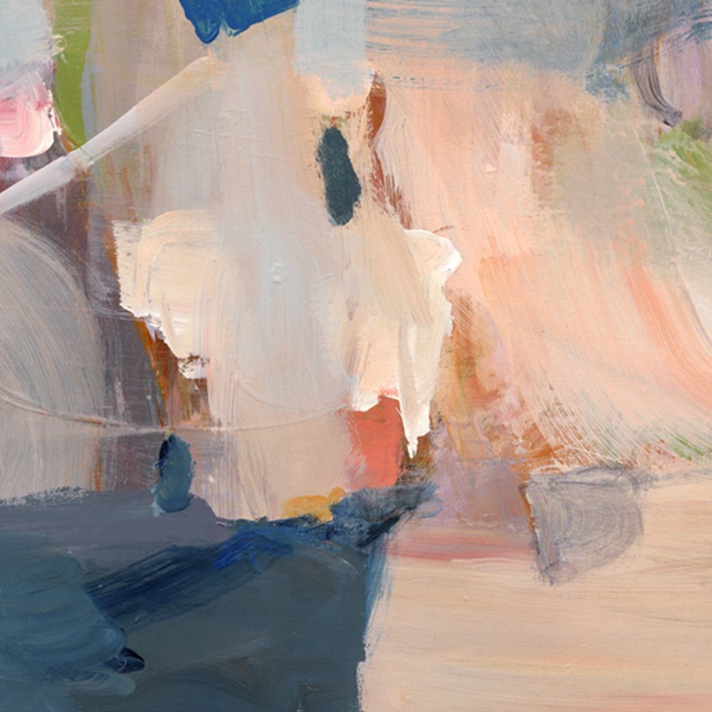 Detail of abstract print in pale pastels and vivid blues