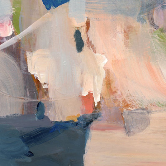 Detail of abstract print in pale pastels and vivid blues