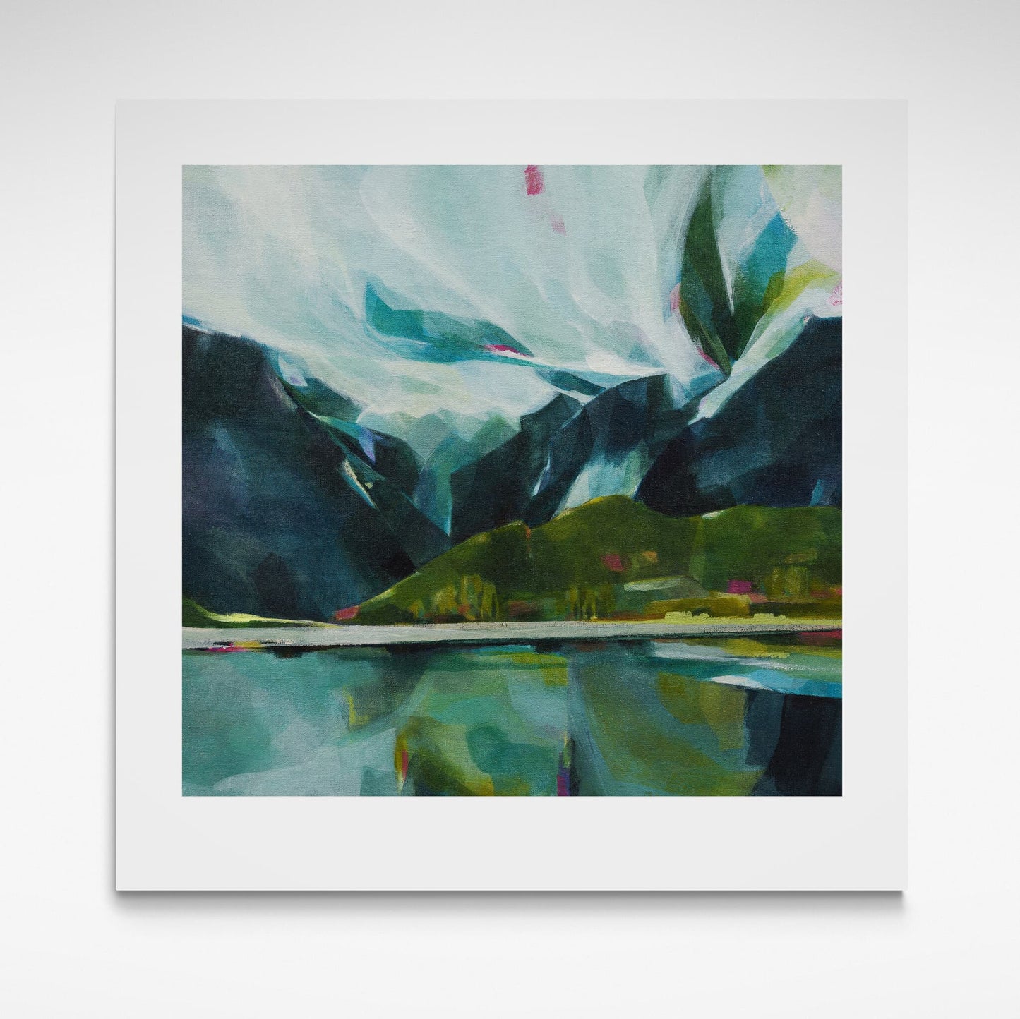 Slightly abstract landscape print of mountains and water