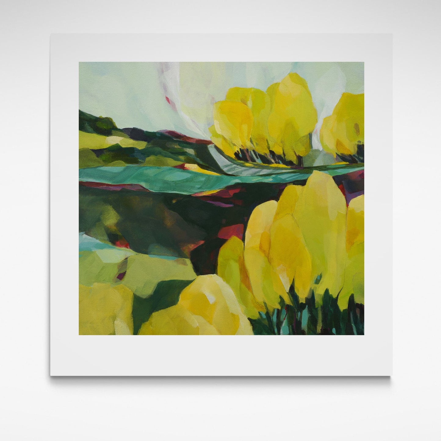 Abstract landscape print with yellow poplar trees