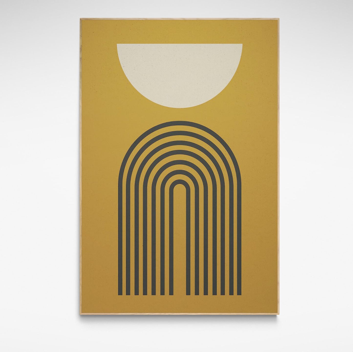 "Moon Over Arch" is a box-framed print in mid-century style in mustard and cream colours