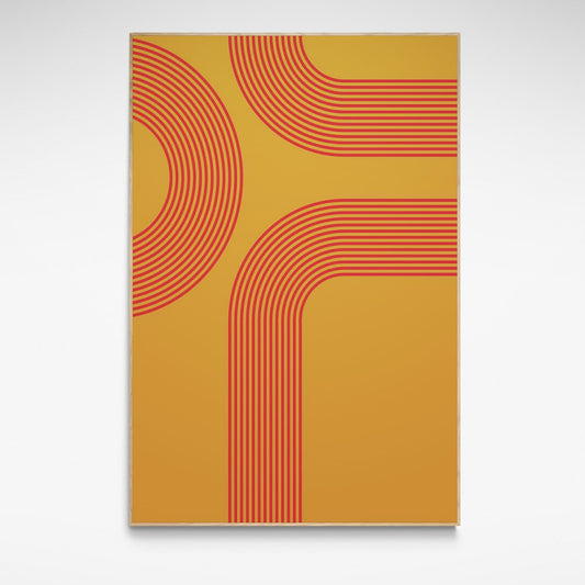 Framed "Orange Stripes" print by Incado in a natural wood frame, featuring bold mid-century inspired horizontal lines and curves.