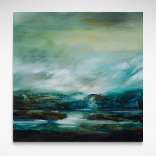 Landscape art print in blue and green hues