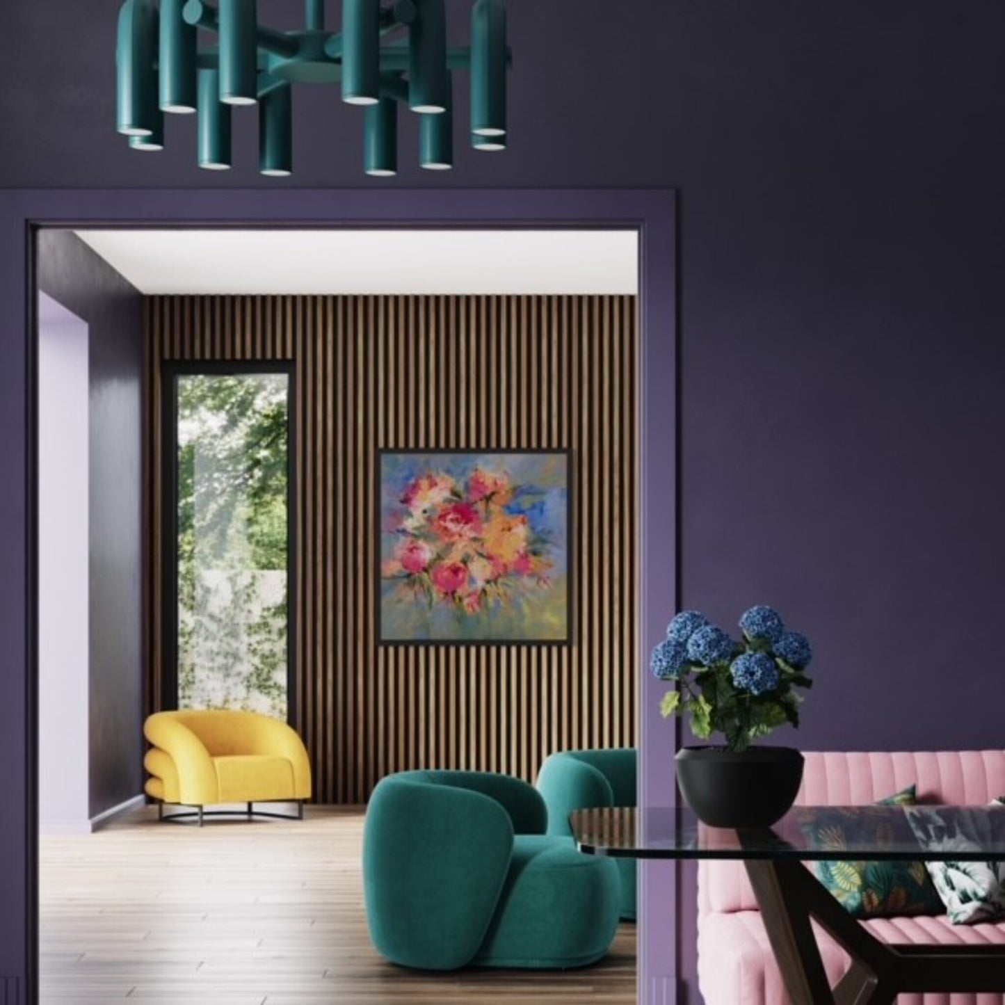A hanging print of bright coloured flowers