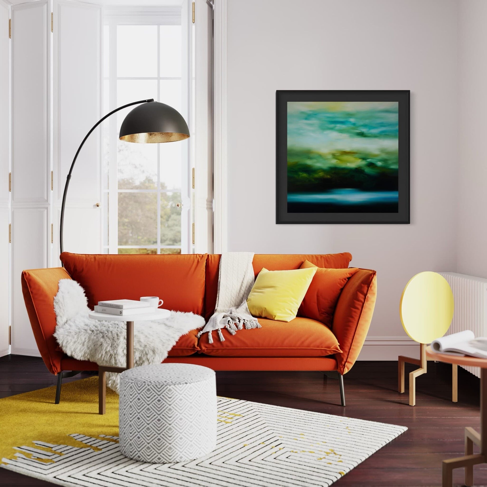 Hanging print of vibrant moody water, mountains and cloud landscape