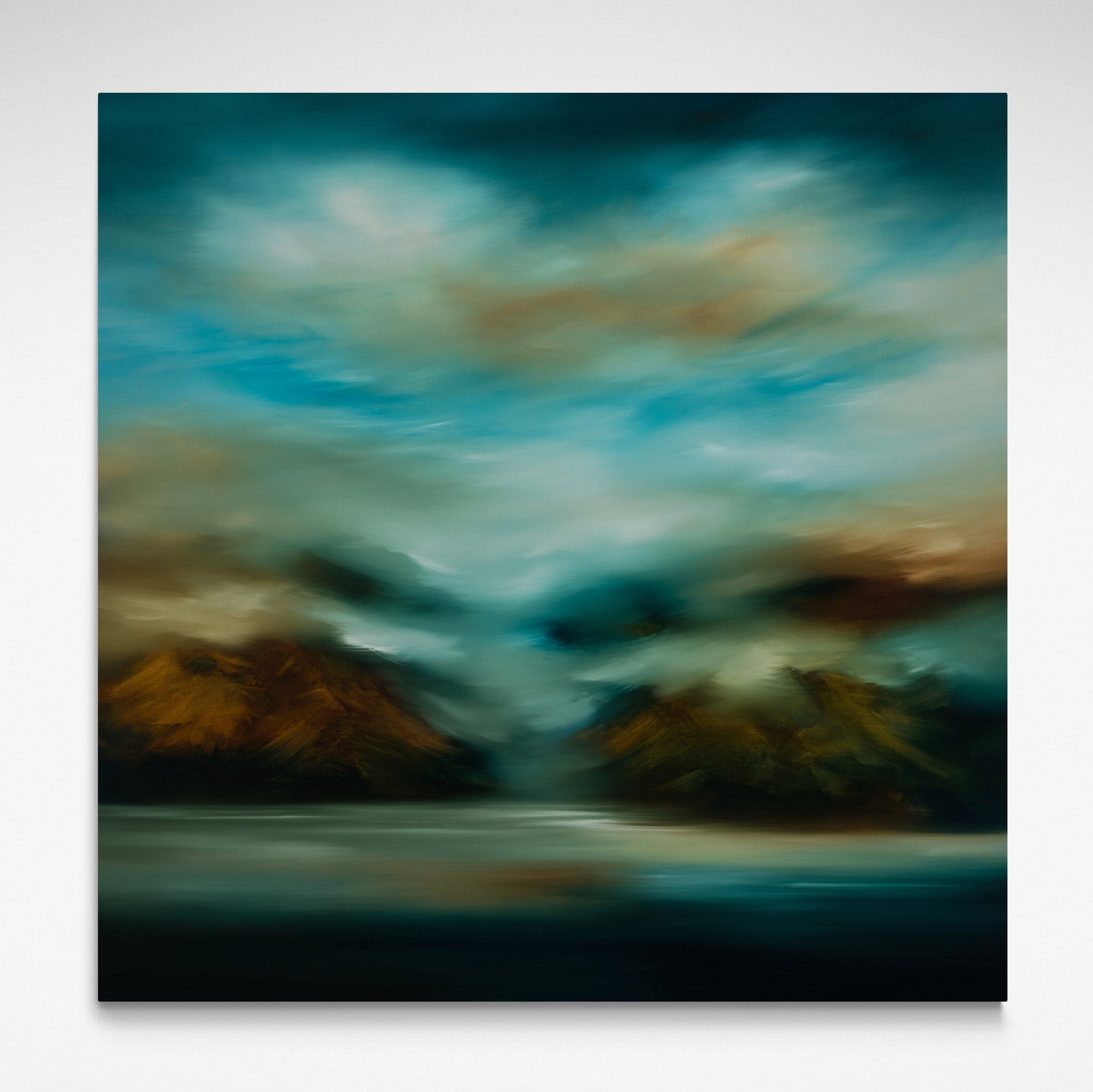 Abstract landscape in blue and tones of brown and gold