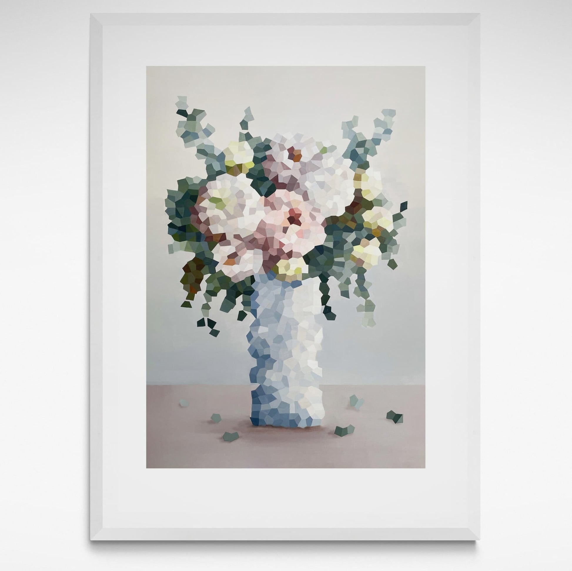 Print of a vase of flowers in a fragmented style