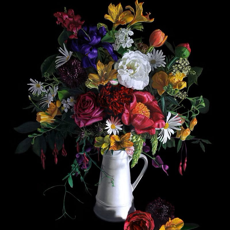 Close up of print of beautiful colourful flowers in white vase