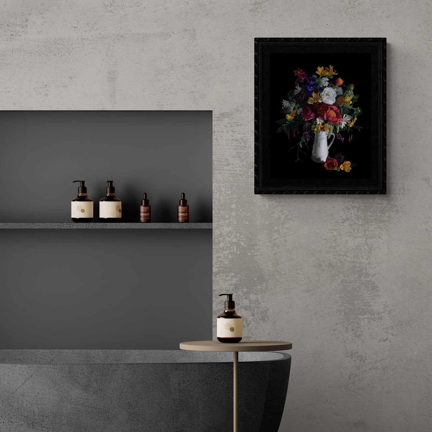 Framed print of colourful flowers in white vase hanging on bathroom wall.