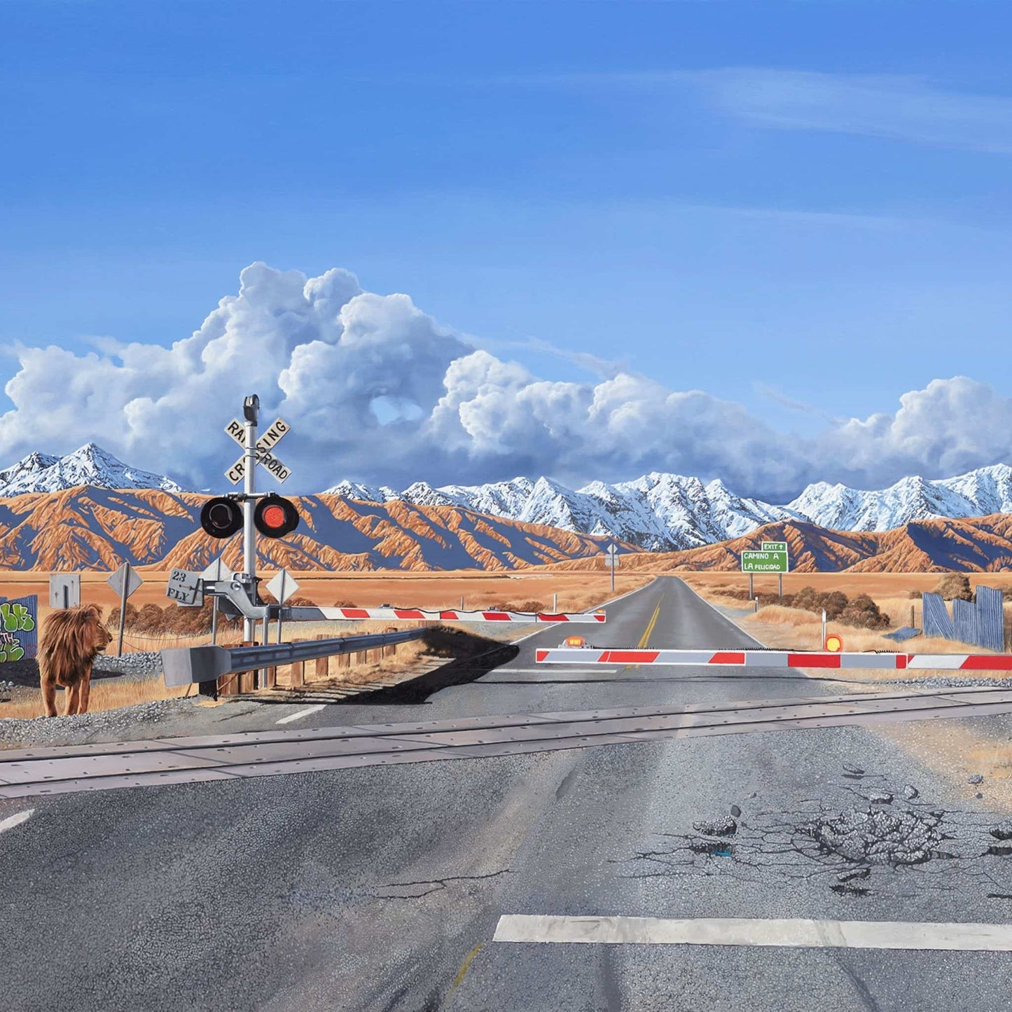 Detail of a large print depicting a desert road with a railway crossing, lion and mountains in the background.
