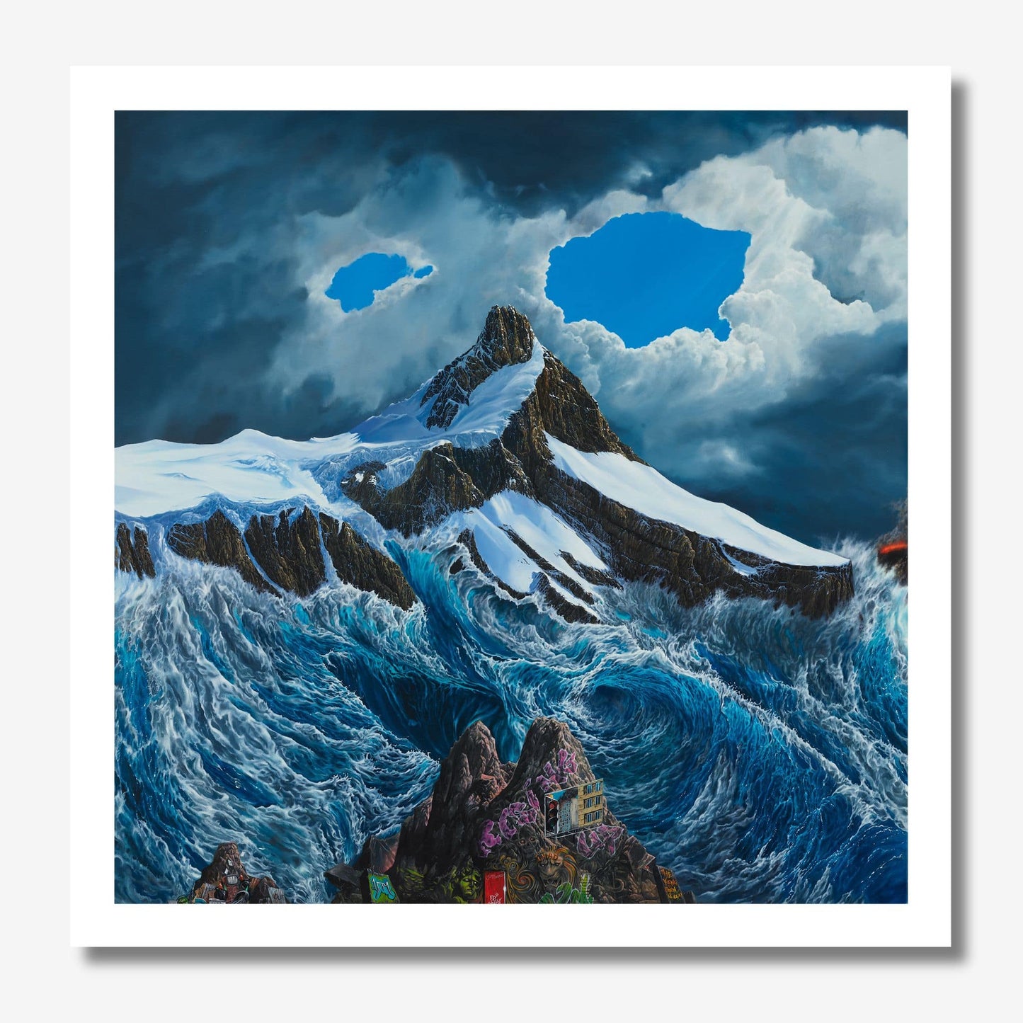 Majestic mountain landscape with snow-capped peaks and turbulent waters.