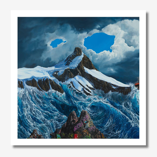 Majestic mountain landscape with snow-capped peaks and turbulent waters.