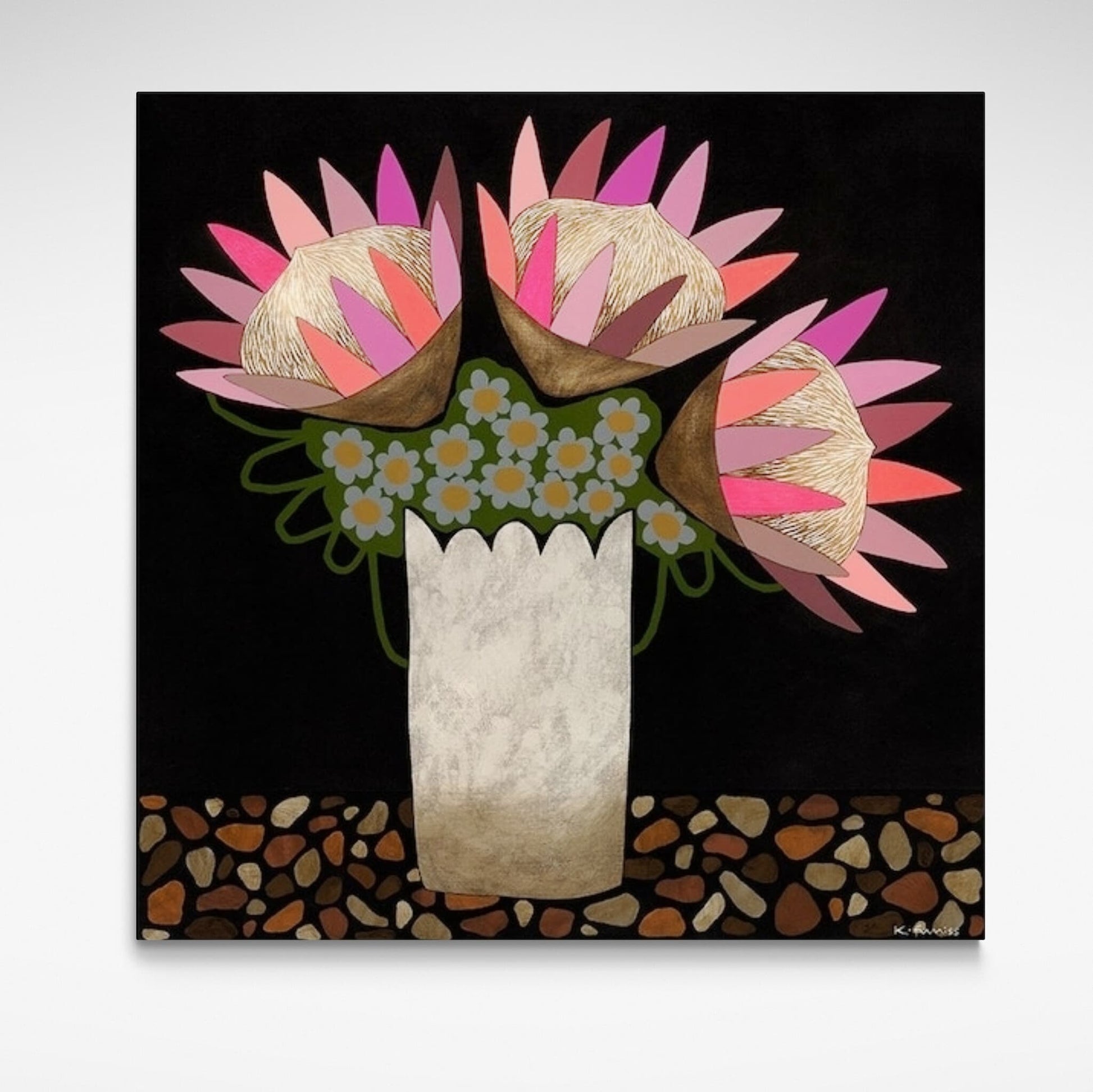 Vase of Protea flowers and Daisies